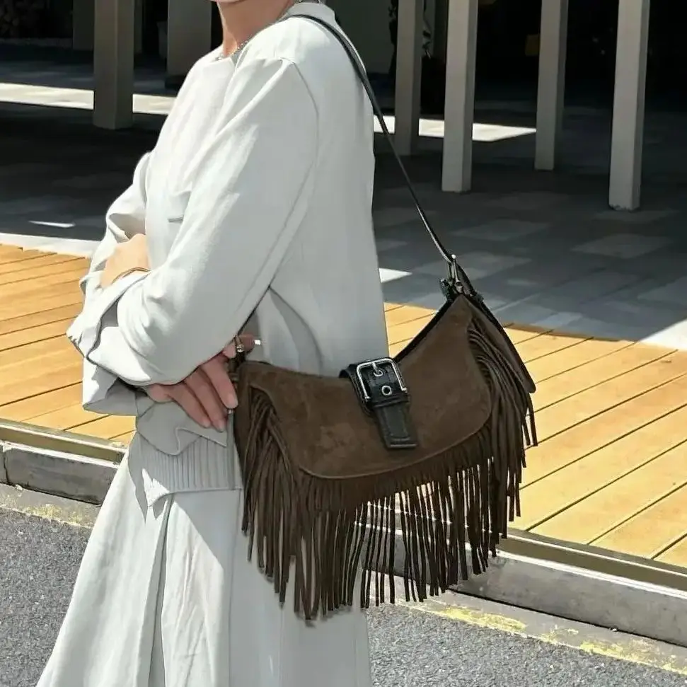 

Genuine Grade Suede Leather Women Shoulder Crossbody Underarm Bags Luxury Designer Brand Ladies Small Bohemian Sand Bag New Tote