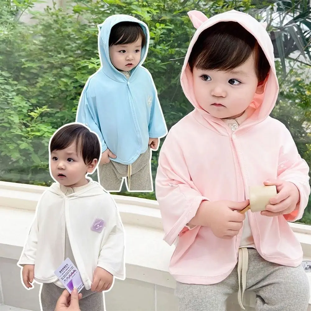 UPF50 + детский солнцезащитный плащ с капюшоном с мультяшными ушками, розовый, белый, синий, детское солнцезащитное пальто, однотонная одежда из ледяного шелка, защита от ультрафиолета
