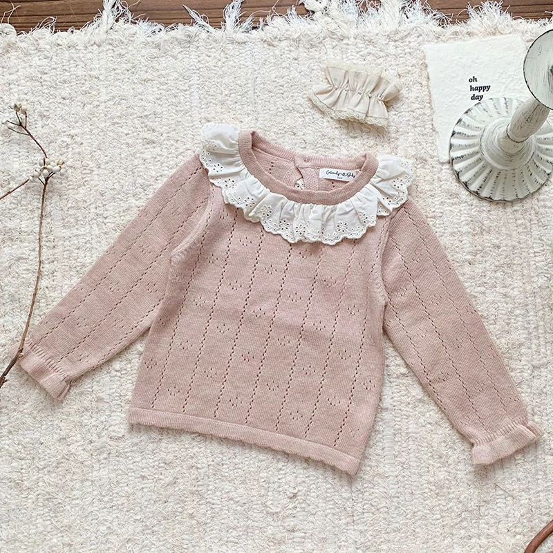 0-4Y Autumn New Baby Girls Clothes Baby Sweater Lace Toddler Knit Sweater Newborn Knitwear Long Sleeve Cotton Baby Pullover Tops