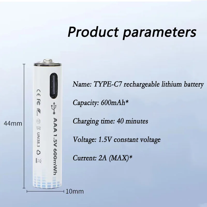 USB AAA Rechargeable Batteries 1.5V 600MAh Li-ion Battery for Remote Control MouseElectric Toy Battery + Type-C Cable