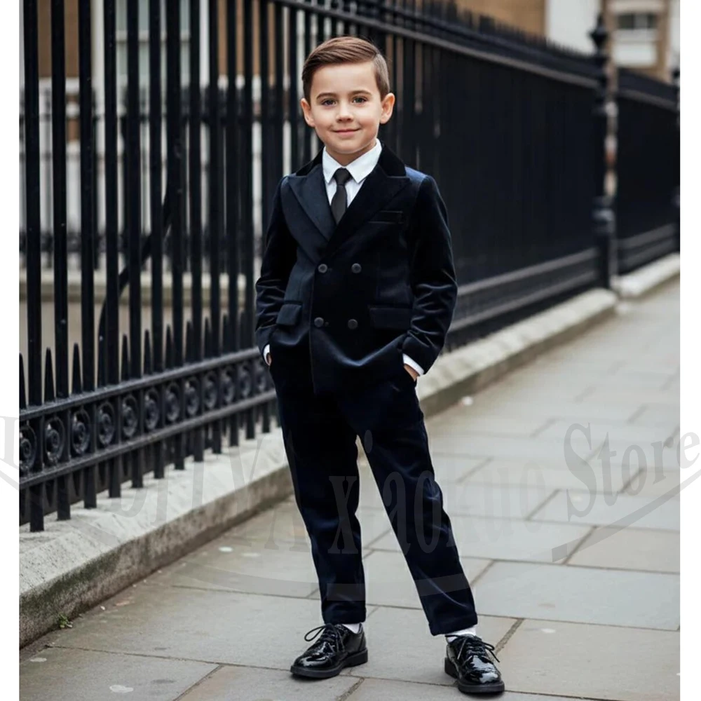 

Темно-синий бархатный костюм для мальчиков, двубортный, из 2 предметов, для свадьбы, выпускного, вечеринки, конкурса красоты, элегантный, приталенный, удобный, детская одежда
