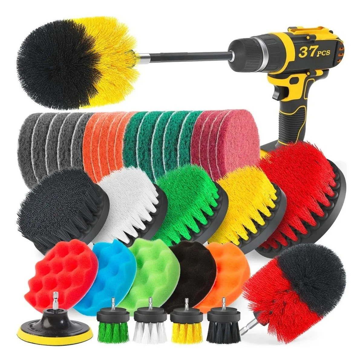 37Pcs Drill Brush Attachments Set,Scrub Pads Sponge,Scrubber Brush with Extend Attachment for Grout,Tiles,Sinks,Polishing Pads