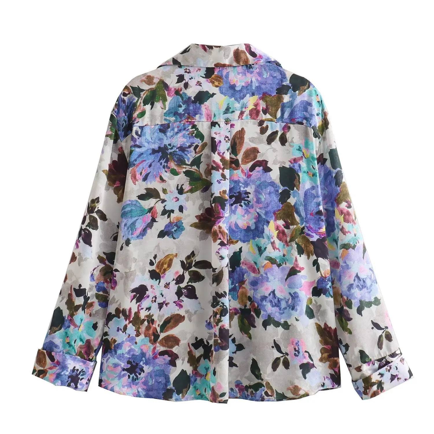 Women's Floral Printed Silk Shirt Satin Texture Shirt Fashion Autumn