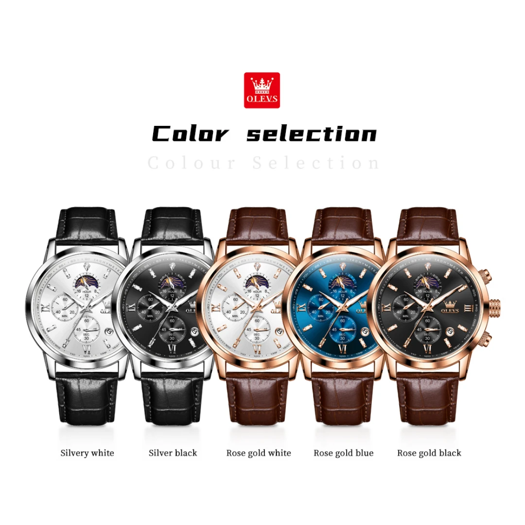 OLEVS 9812 Quartz Fashion Watch Gift Round-dial Leather Watchband Wristwatch Moon Phase Calendar Luminous Timer