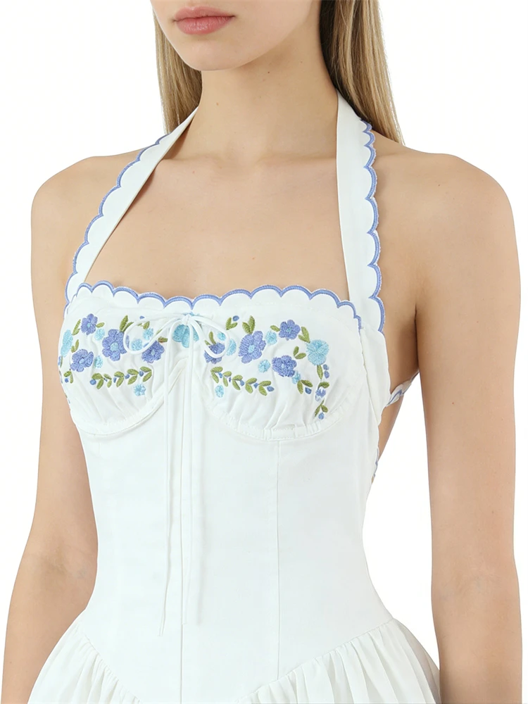 Mini abito con ricamo floreale all'americana Abito estivo da donna con papillon senza maniche con volant e schiena scoperta Abiti da vacanza da donna sexy Boho Party Nuovo