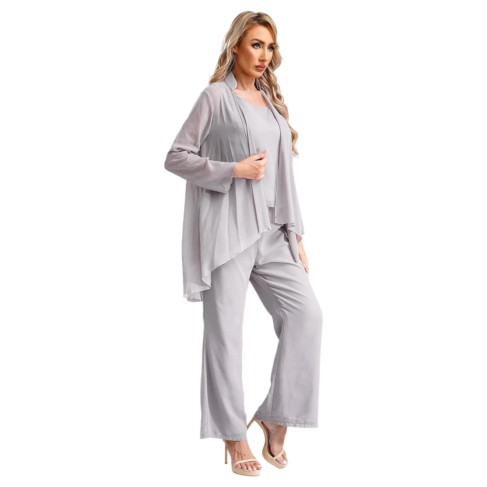 Womens Elegant Chiffon Party Suit Casual Outfit Tank Top Long Sleeve Open Front Cardigan Pants Autumn Spring Female Clothes Sets