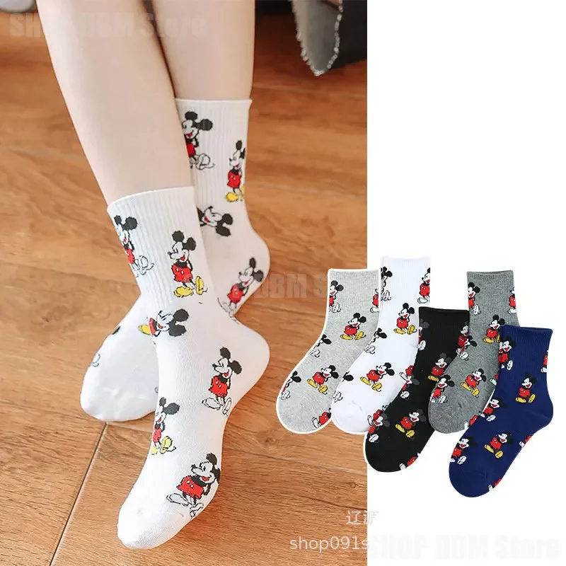 Disney – chaussettes Mickey Mouse rétro pour femmes, en coton, amples, automne hiver, tricotées, solides, longues, noires, roses, coréennes, pour filles