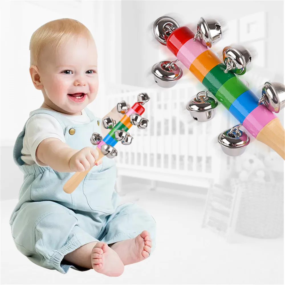 Wooden Rattle Rainbow Toy Kids Pram Crib Handle Shake Bell Rattles Jingle Bells Colorful Educational Hand Music Baby Toys Bell