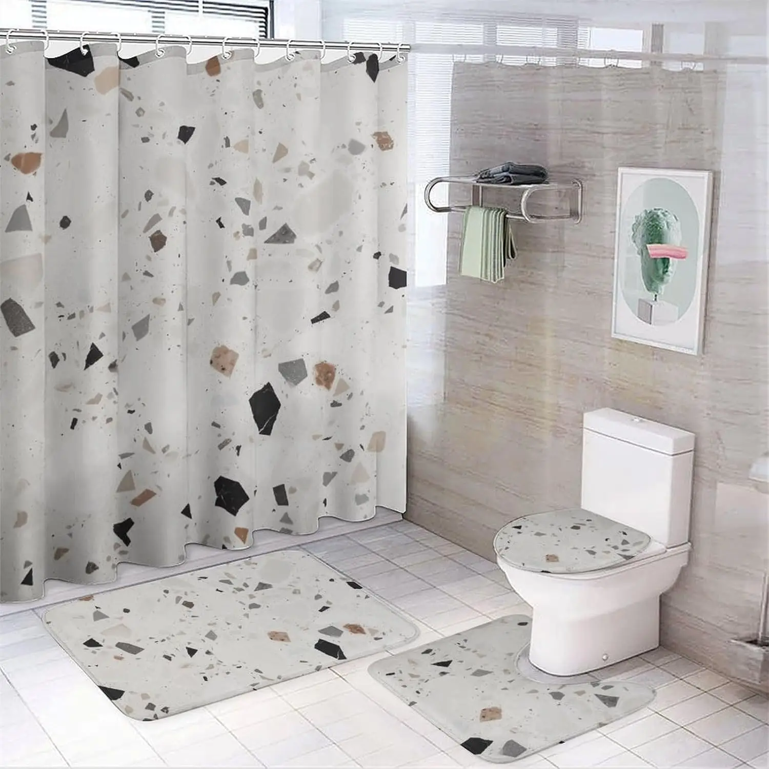 

Набор штор для душа «Белый терраццо» из 4 предметов с нескользящими ковриками, крышкой для унитаза и ковриком для ванной Мягкий ковер для ванной Водонепроницаемая летучая мышь