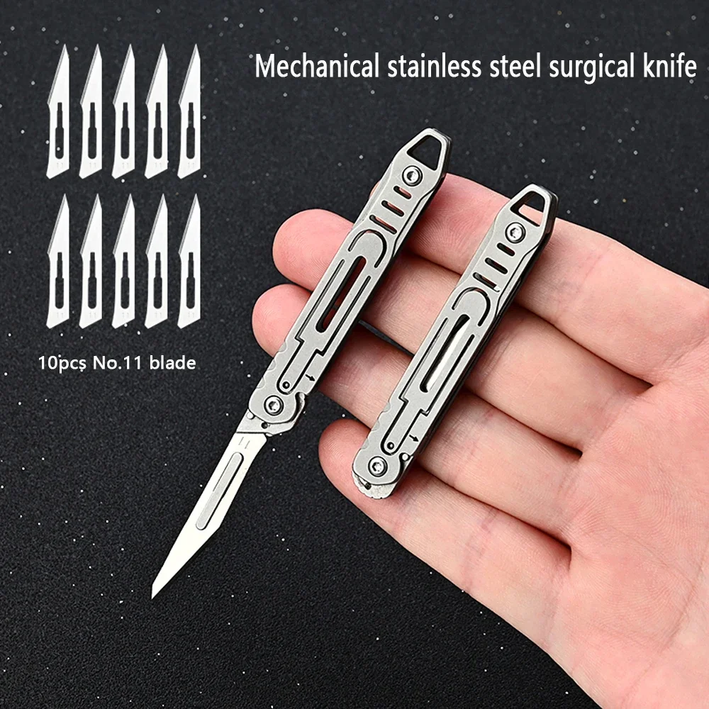 Medical Machinery Stainless Steel Folding Knife EDC Outdoor Unboxing Pocket Knife, with 10 Replaceable Blades