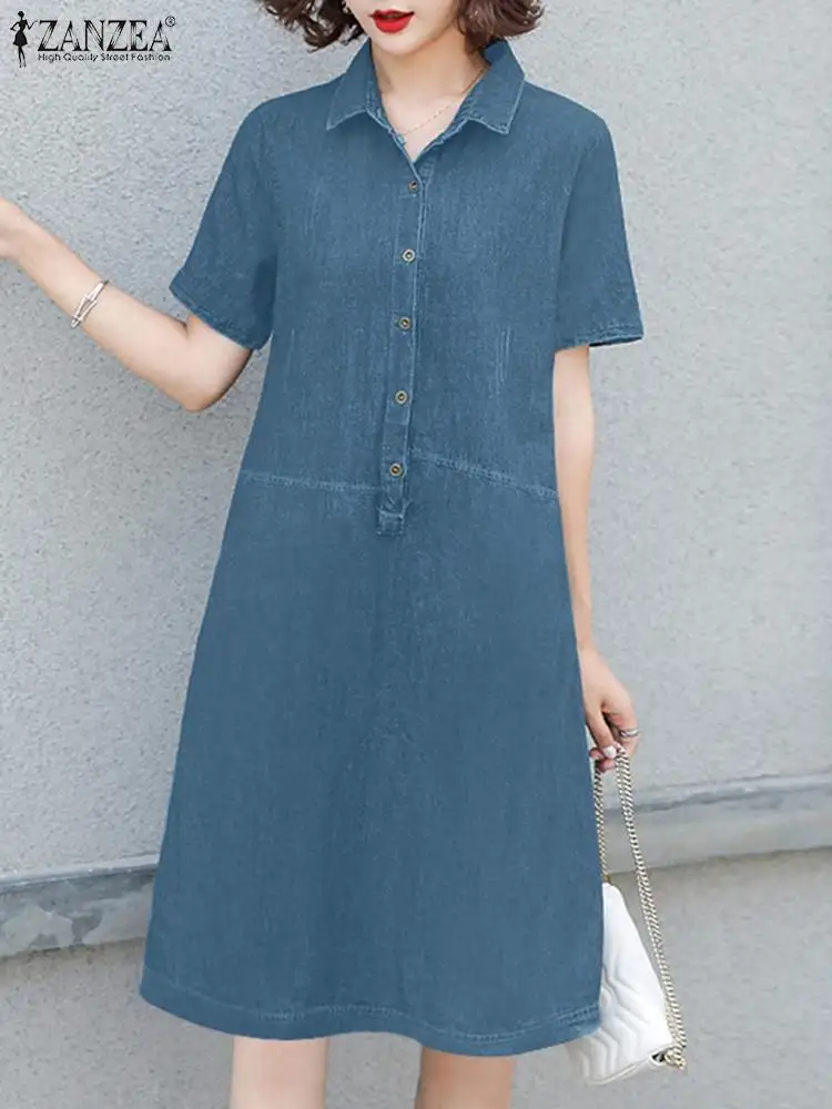 ZANZEA Fashion OL Denim Dress Summer Short Sleeve Lapel Shirtdress Woman Elegant Solid Sundress Female Casual Knee Length Robe