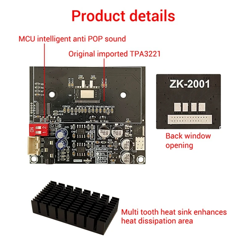 ZK-2001 Digital Amplifier Board 2.1 Channel 2X100W+200W Subwoofer TPA3221 Bluetooth Amplifier Module With Shielded Wire