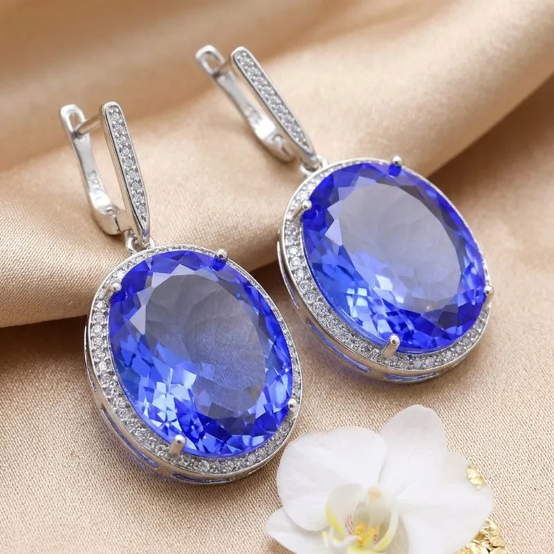 40x21mm Delicate Fine Cut Big Gemstone 17.5g Violet Tanzanite Cz Women Dating Silver Earrings
