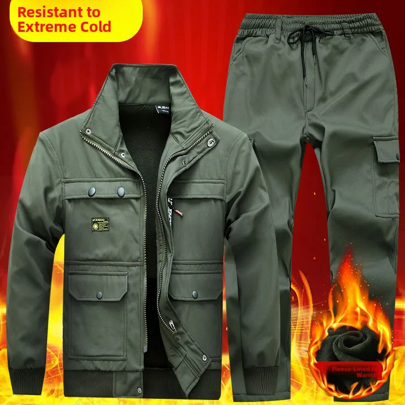 Thiened Long Sve Men's Workwear Winter Anti-Cold Wear Resistant Cotton Jaet Fce Lined Labor Protection Suit for Fac...