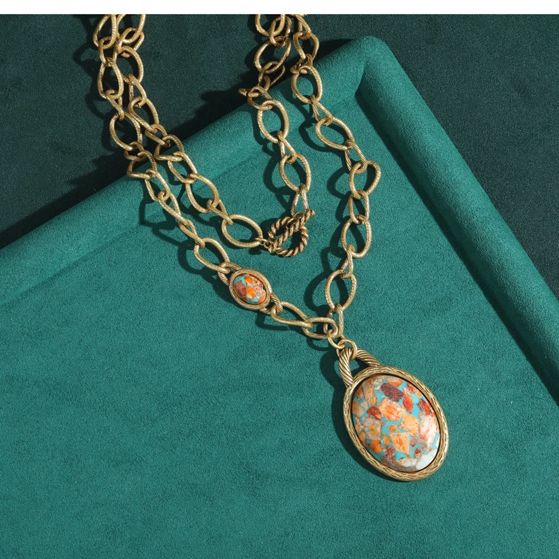 

Vintage Navigational Map Pendant Necklace Natural Stone Retro Oval Statement Long Jewelry Luxury Designer For Woman Accessories