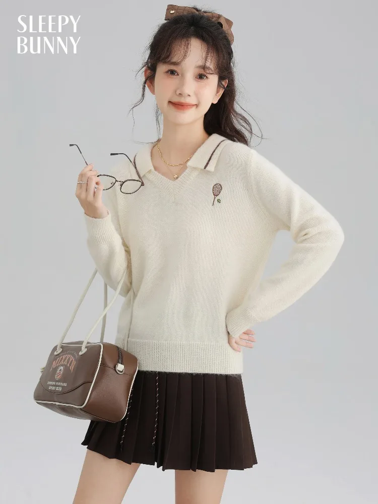 

Casual Loose Knit Sweater Women Embroidered Tennis Pullover Autumn Wool Collar Top Preppy Style Soft Comfy Long Sleeve Outfit