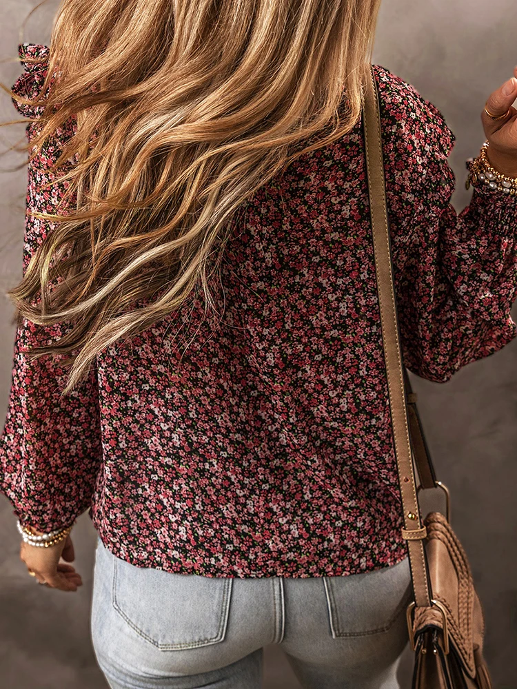 Wiosenna Cienka Bluzka Damska z Szyfonu w Kwiatowy Wzór, Luźny Krój, Okrągły Dekolt, Długi Rękaw, Poliester