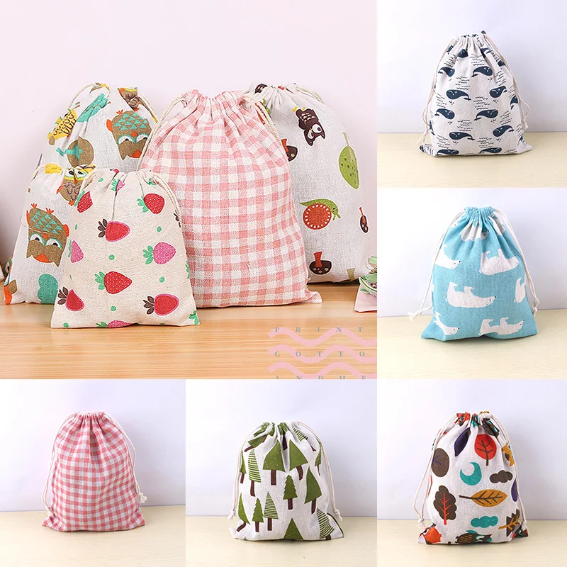 Cotton Linen Fabric Pouch Drawstring Bag Cute Animal Plant Print Kids Travel Cloth Shoes Storage Bag Makeup Case Xmas Gift Bag