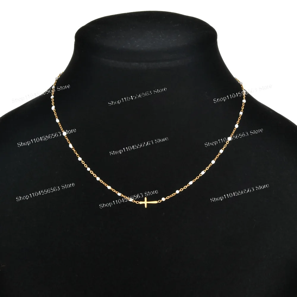 Cross-border hot sale Europe, America Bohemian style stainless steel cross oil dripping rice bead necklace