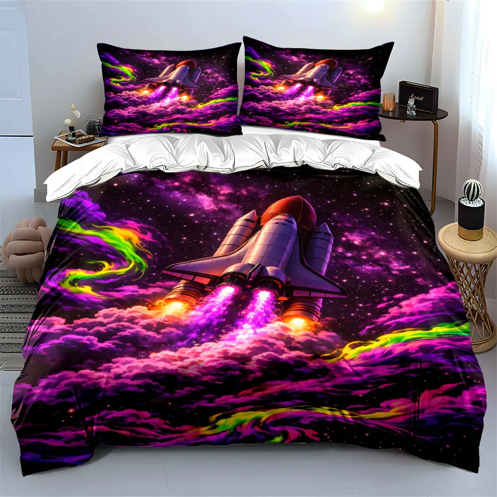 Space shuttle soaring in a vibrant galaxy Print Bedding set 3PC 1 duvet cover 2 pillowcases adult and children bedding set