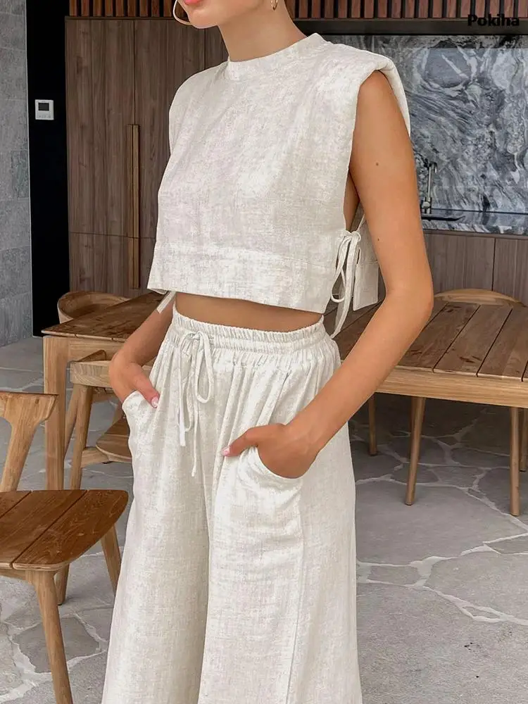 

2023 Women Holiday Linen Pant Set Crop Tops Solid Outfits 2 Two Piece Matching Set For Women Sleeveless Casuals Fashion Summer