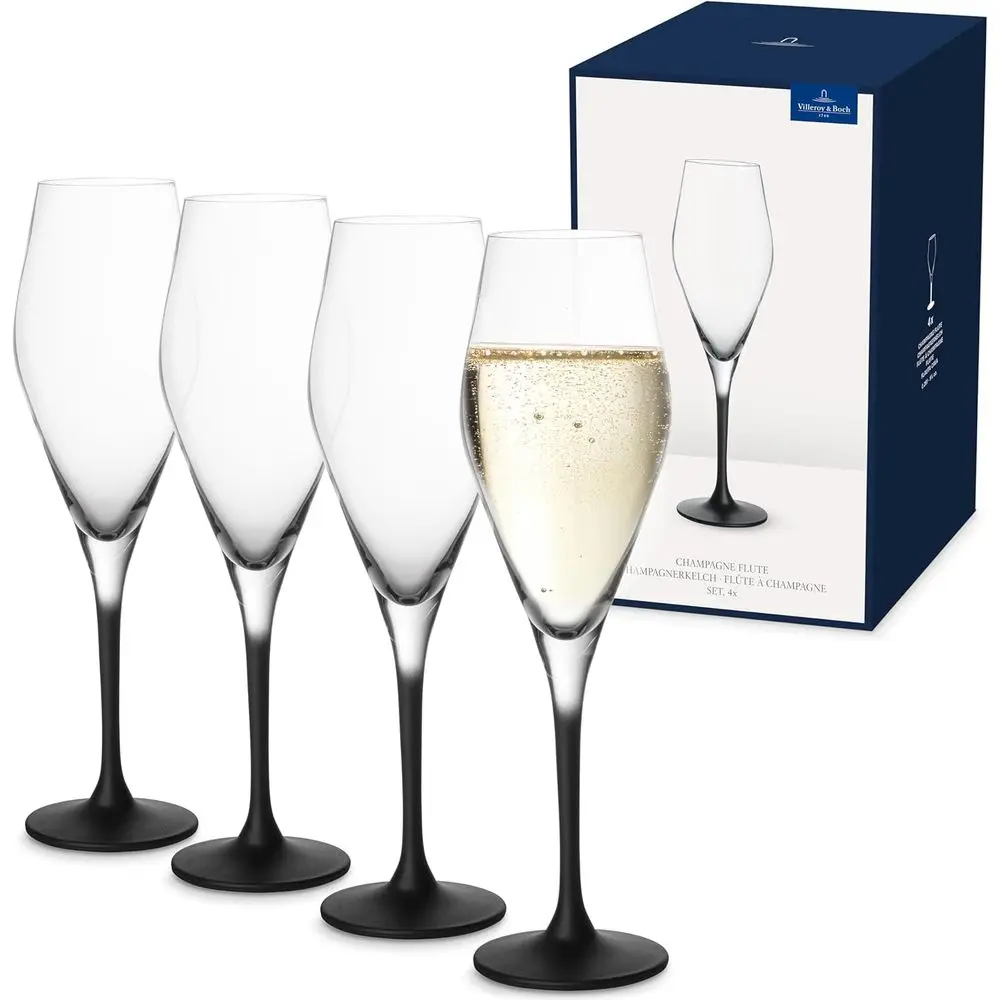 

Set of 4 Elegant Crystal Glass Champagne Flutes, Dishwasher Safe, Black
