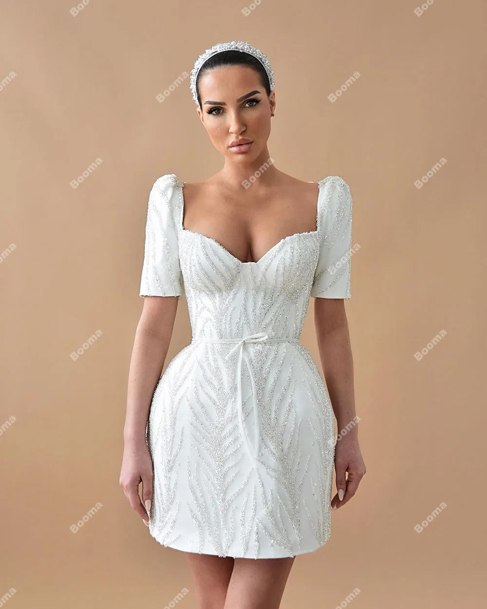 Booma-Robe de Soirée Courte à Paillettes pour Femme, Tenue de Mariage à Manches Courtes, Gala