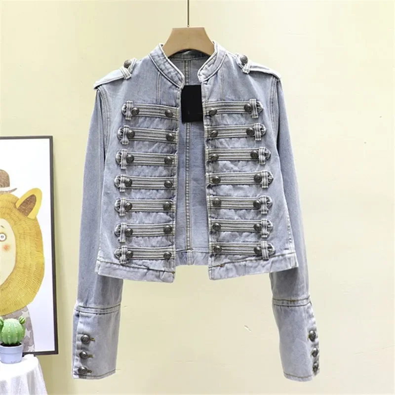 Spring Women Stand Collar Double Breasted Denim Jacket Autumn Slim Short Jeans Jacket Black Long-sleeve Female Cardigan Coat