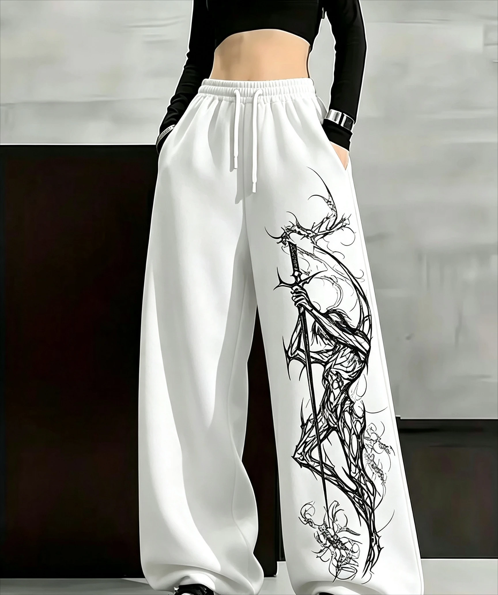 2026 Fashion New Men's Gothic Skeleton Falling Angel Printed Straight Tube Sports Pants Street Wear Pure Cotton Casual Pants