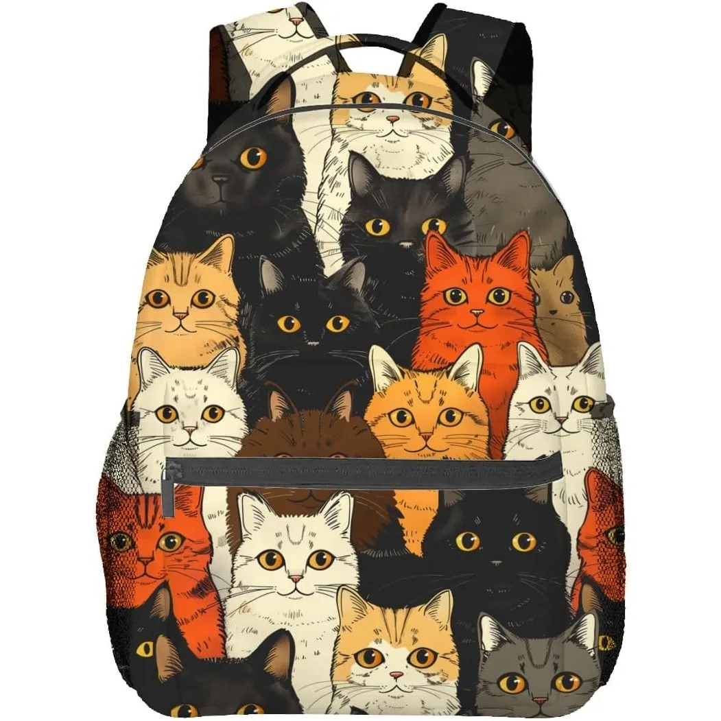 Colorful Cat Backpack Cute Kitten Faces Polyester Dark Backpacks Lightweight Double Shoulder Back Pack for Kids Teens Bag Gifts