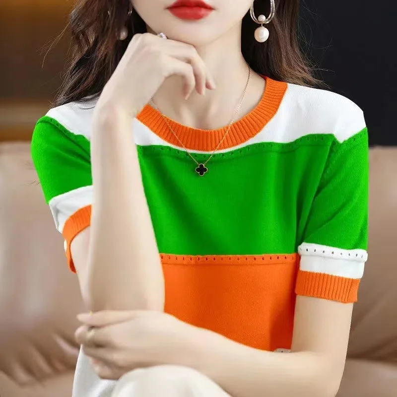 2024 Summer New Ice Silk T-shirt Short-sleeved Stripes Top Women\'s Round Neck Color Matching Hollow Loose Thin Knitted Sweater