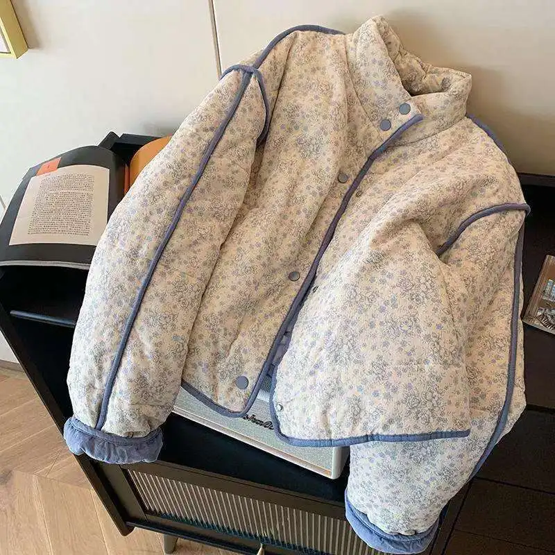 

Autumn Winter New Thicked Warm Jackets 2025 Lazy Blue Blue Floral Coat Women All-match Patchwork Long Sleeve Tops Mujer