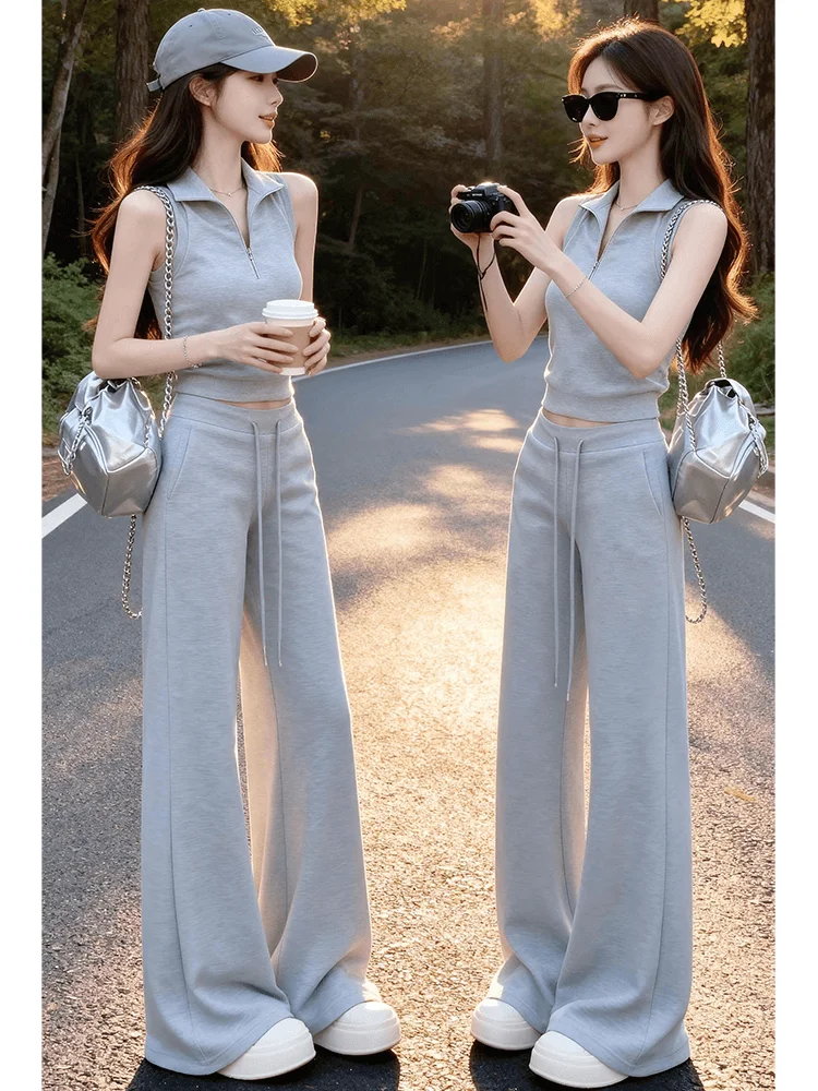 Casual Sportswear Set Women's Slimming Sleeveless Tank Top And Wide Leg Pants Fashionable Two Piece Summer Outfit