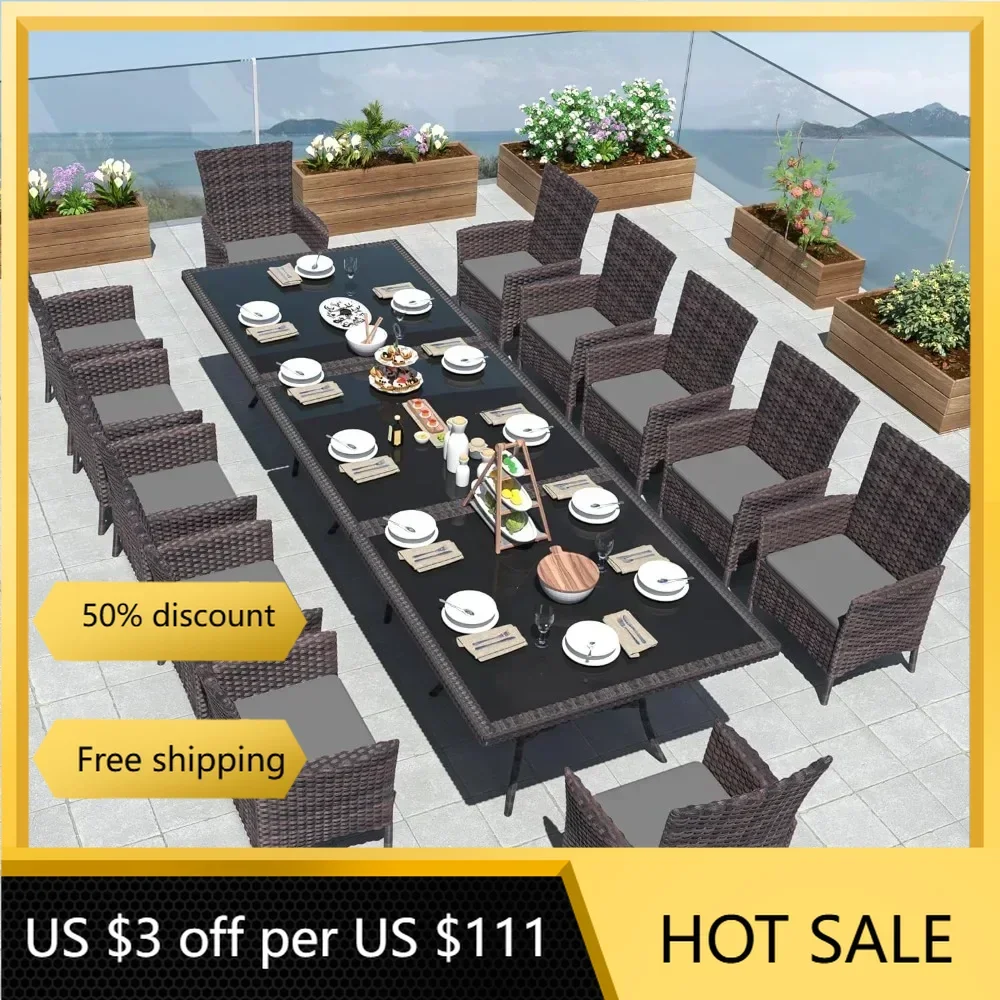 

Wicker Patio Furniture Set of 12 Rattan Chairs With Soft Cushions and Two Square Table With Umbrella Cutout Dining Room Sets