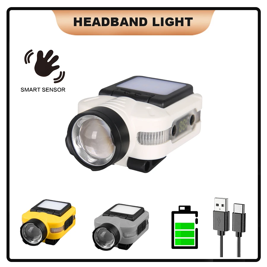 Portable Sensor LED Headlight COB Floodlight Rechargeable Headlamp with 5 Modes Red and White Headtorch for Outdoor Camping Lamp