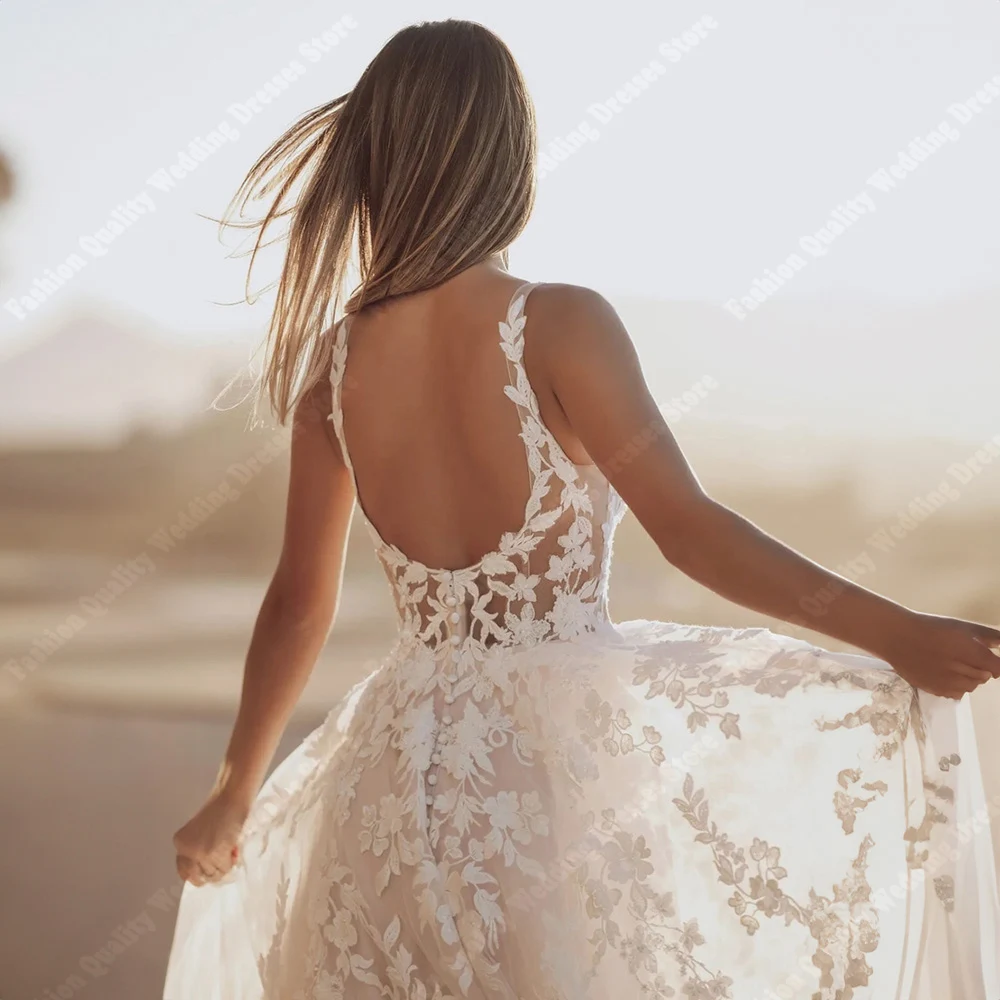 Vestidos De Novia sin mangas con cuello cuadrado para mujer, Vestidos De Novia De tul brillante, longitud para fregar, sin espalda, personalizados