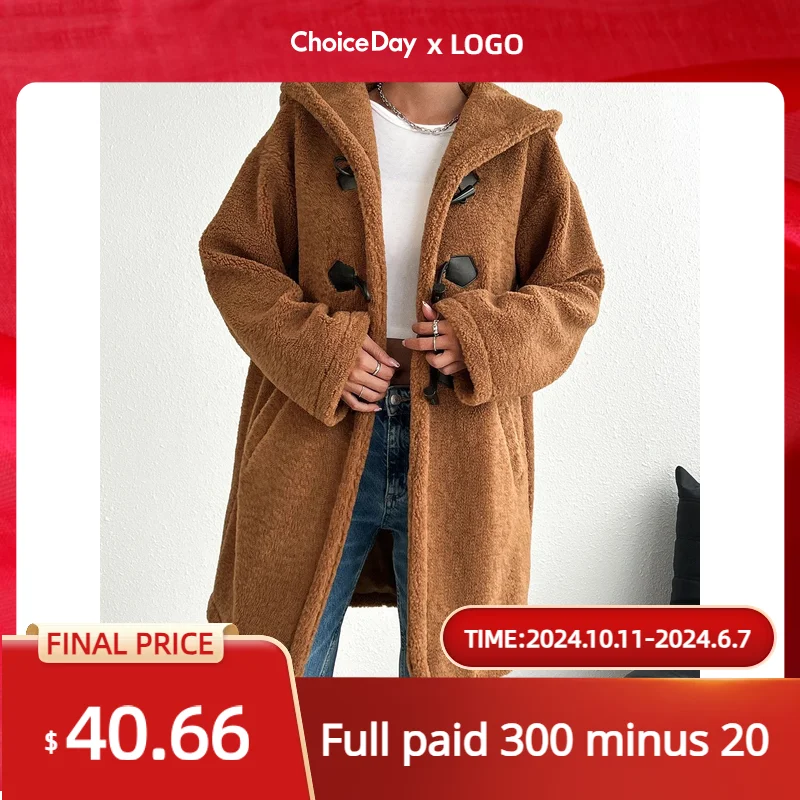 

New women's Jacket lamb wool cow horn buckle casual long jacket Outwear Temperament Commuter Coat Women Long Sleeve Elegant Coat