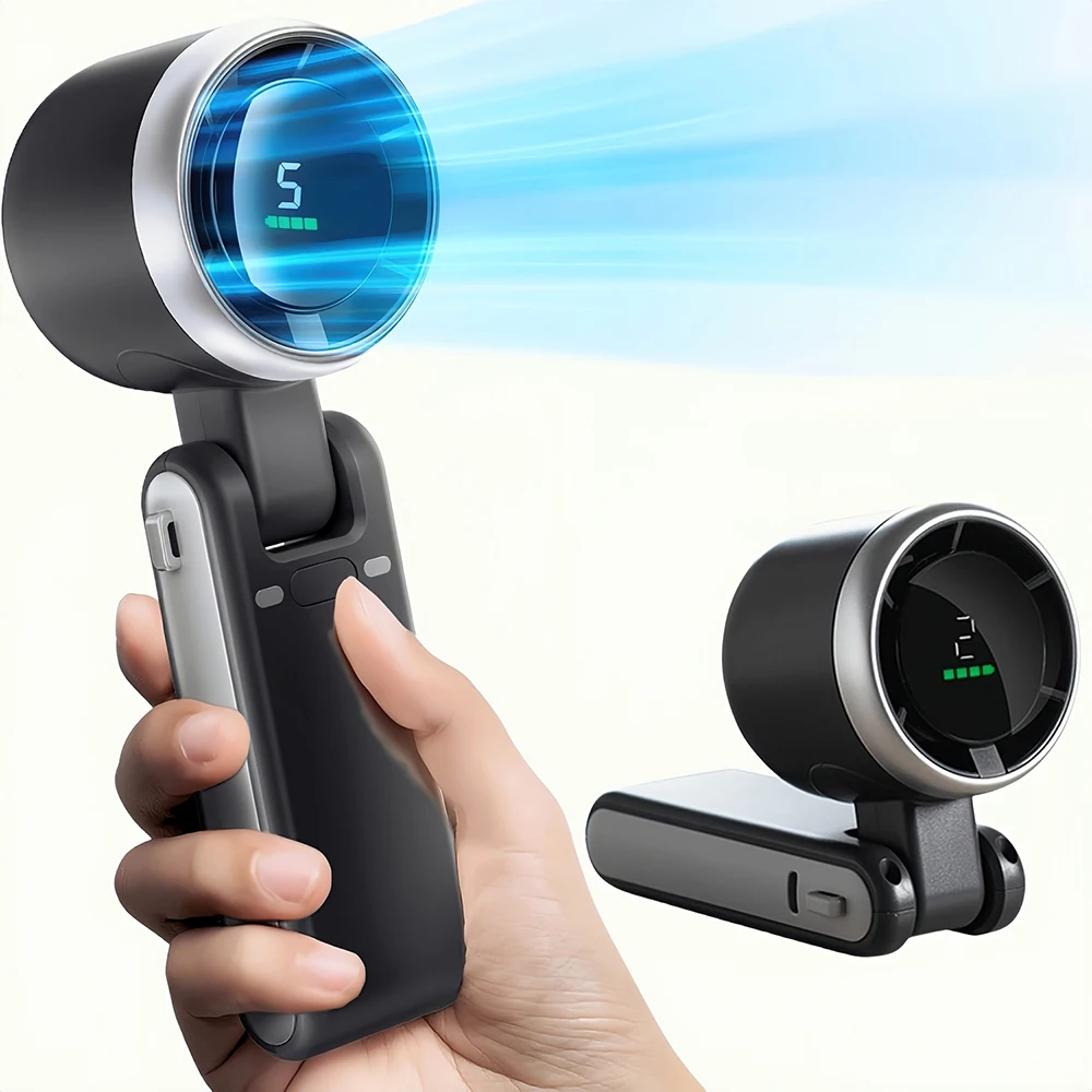 Portable 3-in-1 Turbo Handheld Fan, 5 High-Speed Settings, 3600mAh Power, Digital Screen, Foldable USB/Type-C Charge