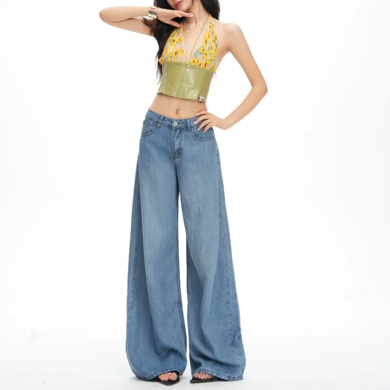 

Blue High Waisted Lyocell Baggy Jeans Women 2026 Fashion Casual Vintage Thin Denim Wide Leg Full Length Pants
