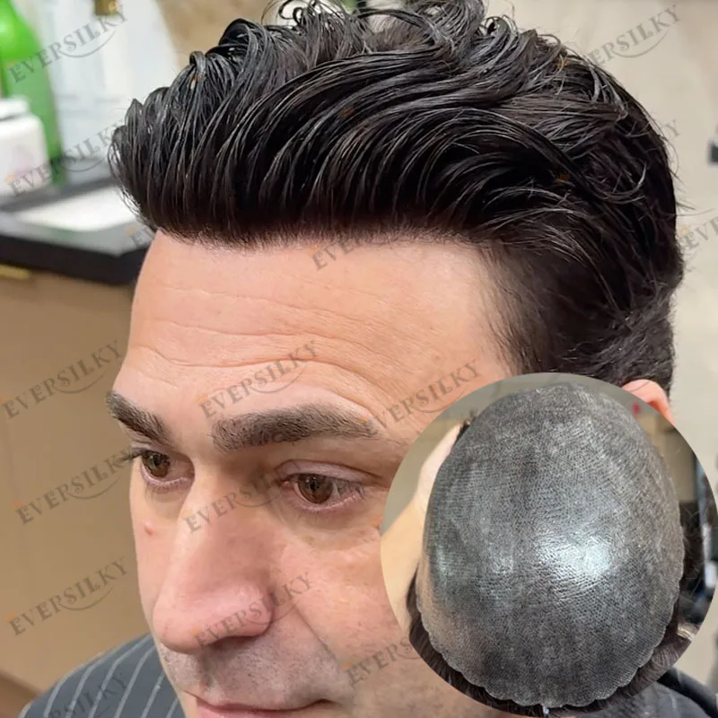 Super Natural Hairline 100% Remy Human Hair Baldness Black Old Men's Hair Prosthesis System Durable Full PU Base Grey Hairpieces