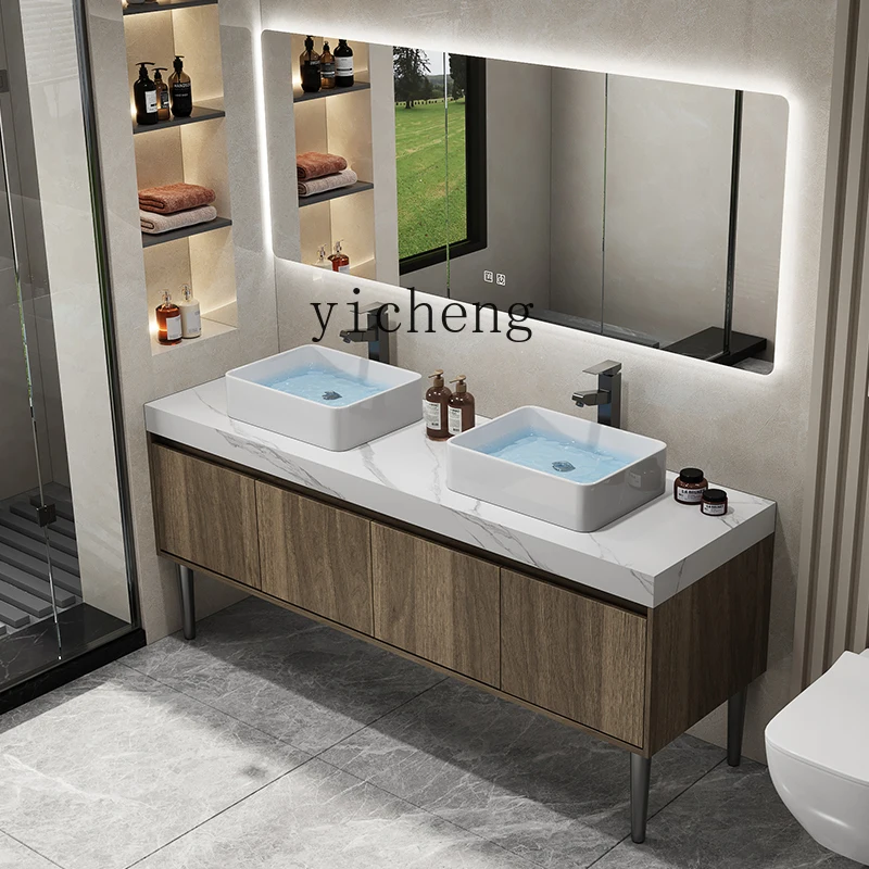 XL Floor Type Double Basin Stone Plate Bathroom Cabinet Combination Solid Wood Wash Basin Bathroom