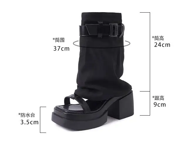 Summer Fashion Girls Black Apricot Cloth Square Open Toe Platform 9 cm Chunky Heels Mid-calf Boots Women Two Ways Sandals Shoes image 2