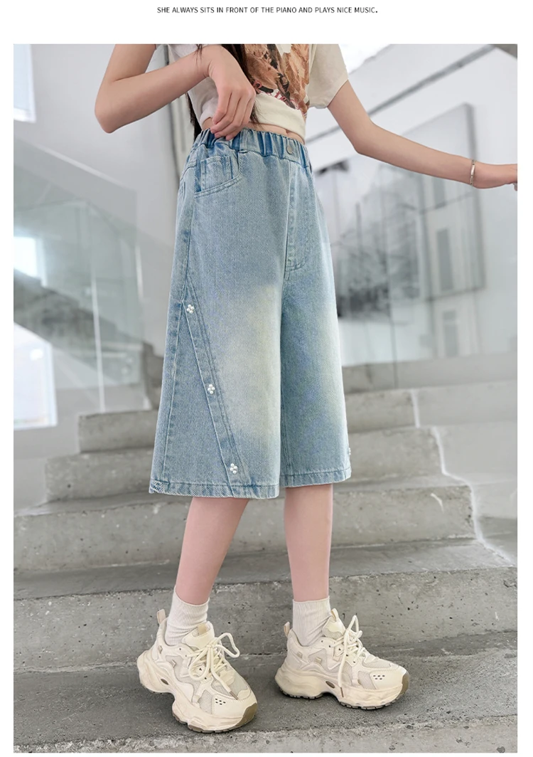 Sommerliche Mädchen-Mode-Jeans-Shorts mit Perlen für Kinder, lässige knielange Jeanshosen, elegante blaue Jeans für junge Mädchen, Sonderangebote. – Detail 11