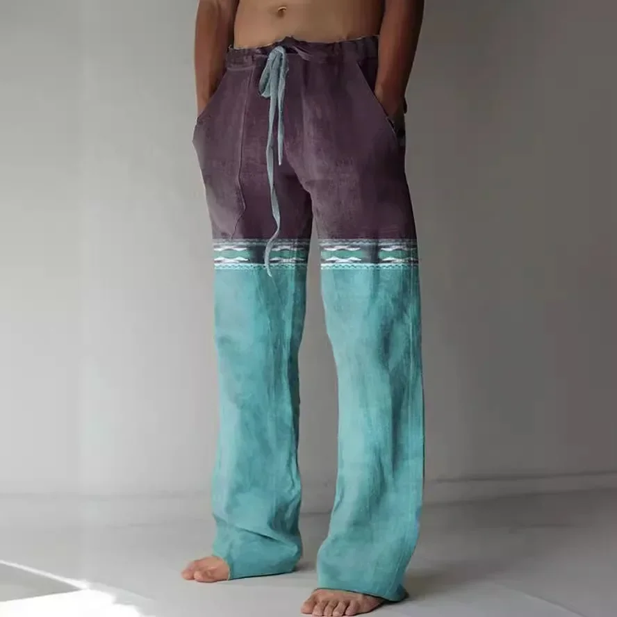 Pantalones casuales con estampado de tótem retro étnico para hombre, pantalones de cáñamo de bambú, transpirables, con cordón, sueltos, guapos,