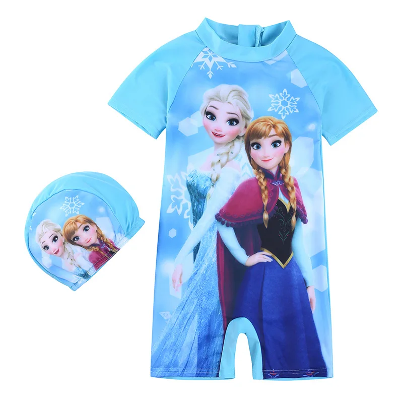 Disney Frozen Kids Swimsuit Kawaii Elsa Anna Sofia Princess Cosplay Children\'s Wear Sleeve Shorts One Piece Swimsuit with Hats