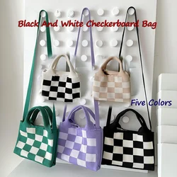 Women's Knitted Checkerboard Plaid Bag, One Shoulder Hand Cross-body Bag, Black And White Checkered