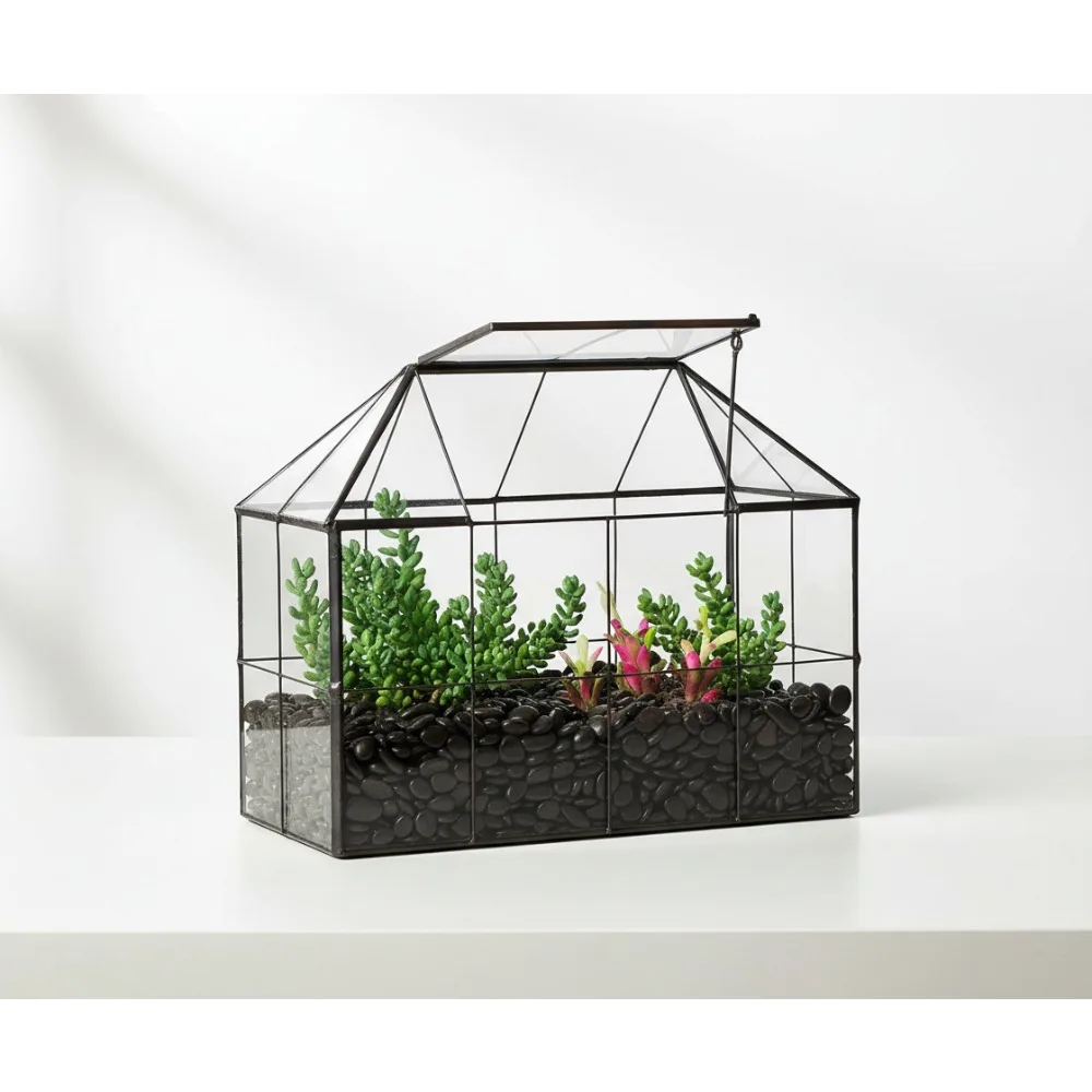 تررم زجاجي هندسي مع غطاء لصبار العصارة، وعاء نبات داخلي على شكل شبكة سوداء لديكور المنزل #1