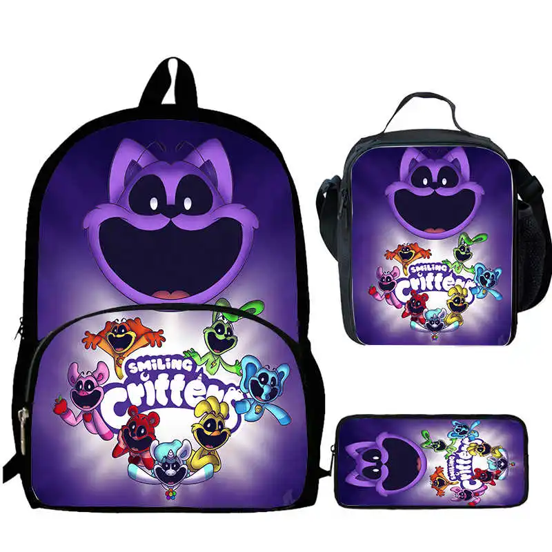 Sac à dos de dessin animé Mochila Smiling Critters avec sacs à lunch, trousse à crayons, sac d'école pour garçons et filles, sacs de livre pour étudiants, ensemble de 3 pièces