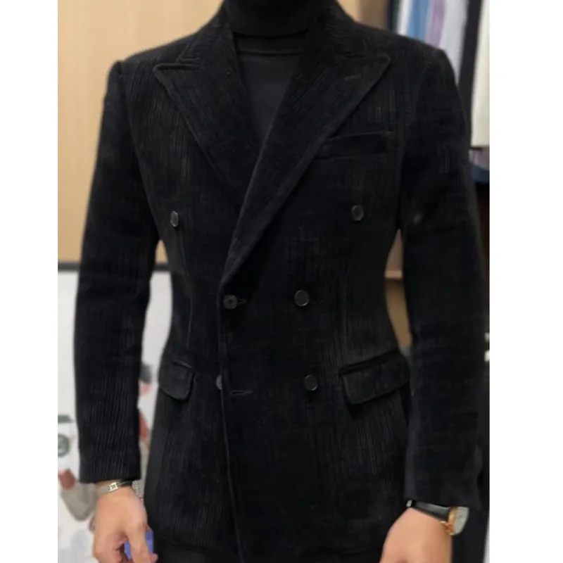 Corduroy Double Breasted Retro Blazer Hombre Casual  Coat Slim Long Sleeve Gentleman Suit Blazers Chaquetas Hombre De Vestir