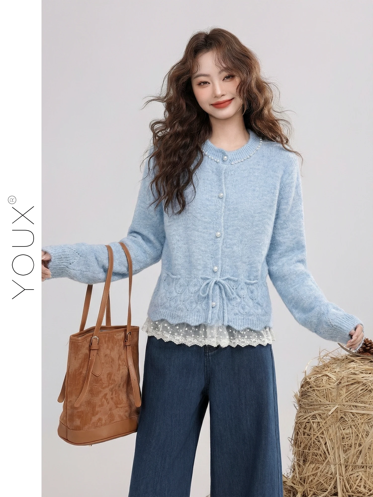 

Soft Lace Trim Knitted Sweater Women's Loose Fit Spring New Sle Comfortable Knit Cardigan Gentle Sle Blue Wind Encounter